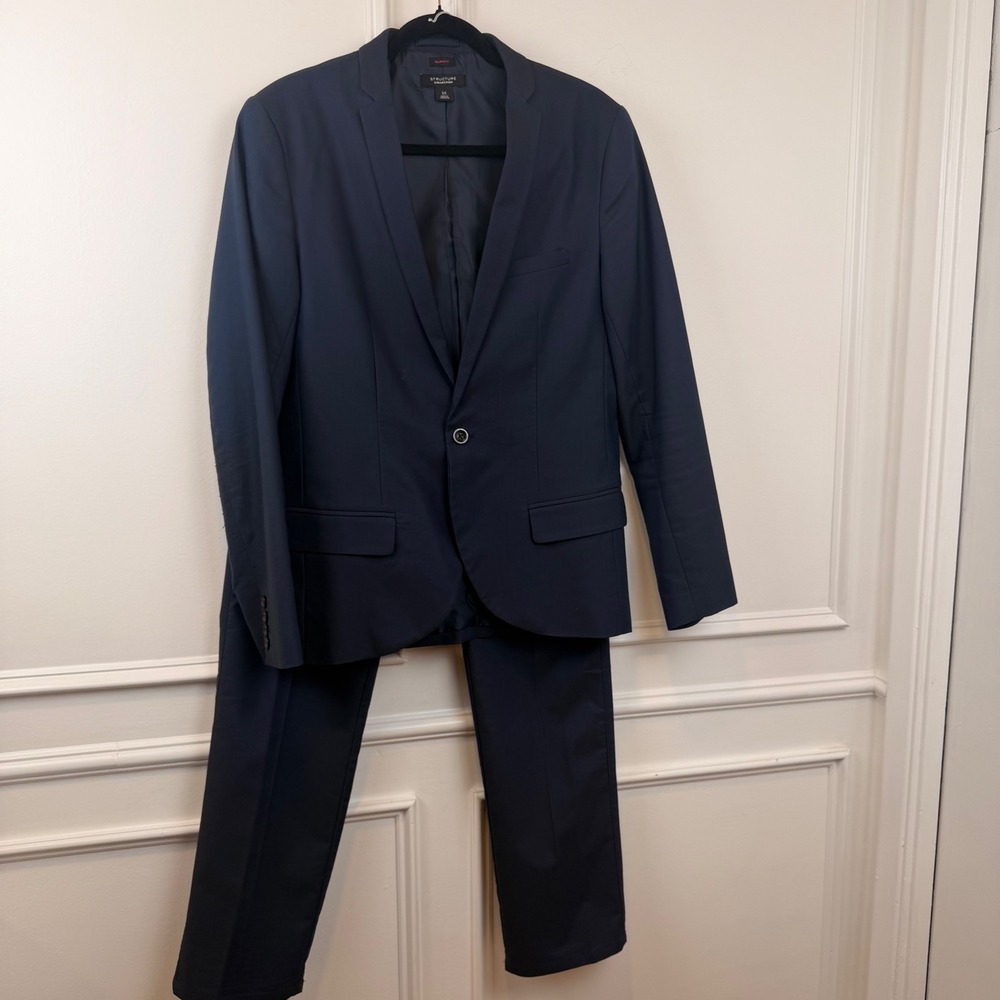 Structure Collection Mens Slim Fit 2 Piece Suit Navy Blue Blazer Pants 34x30